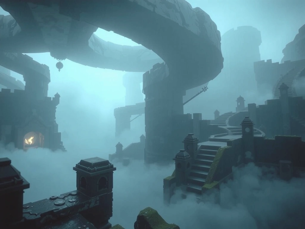 Key art from 'The Puzzle of the Lost Kingdom' showing a foggy, intricate game world