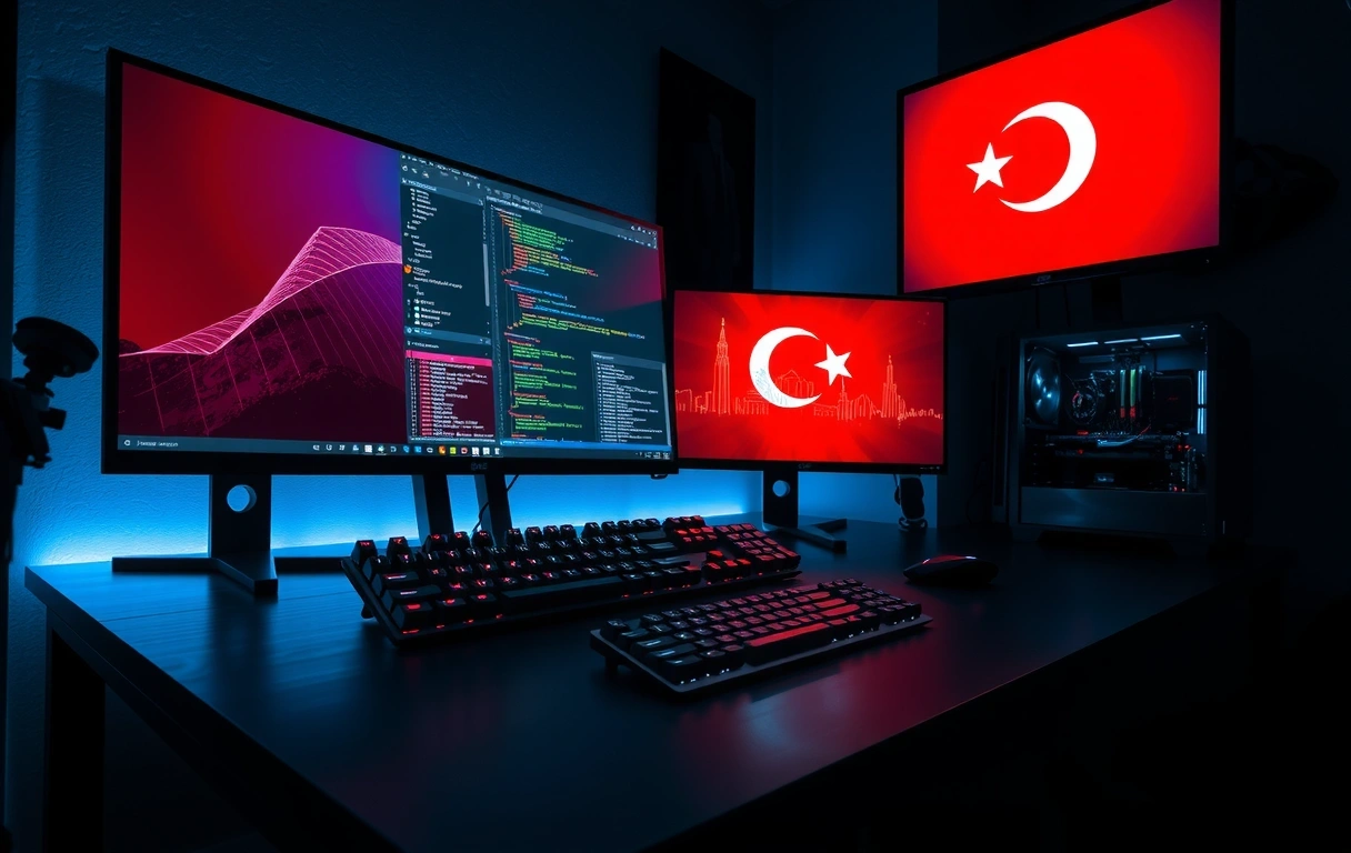 A cinematic, wide-angle photograph of a modern game development workspace with a subtle Turkish flag motif integrated into the screen.